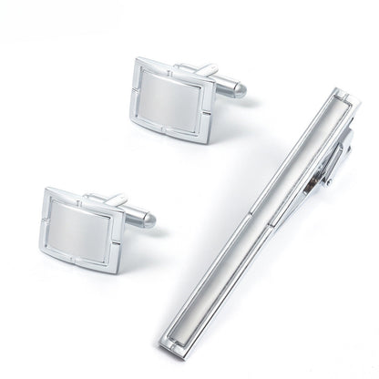 Silver Rectangular Cufflinks and Tie Clip Set