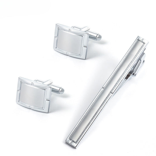 Silver Rectangular Cufflinks and Tie Clip Set
