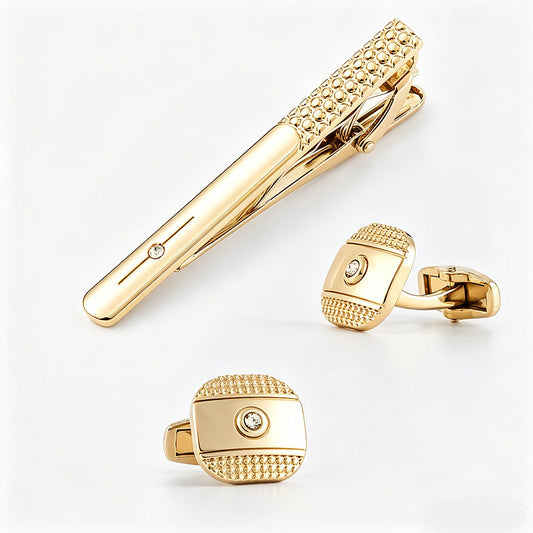 Studded Texture Crystal Cufflinks and Tie Bar Set