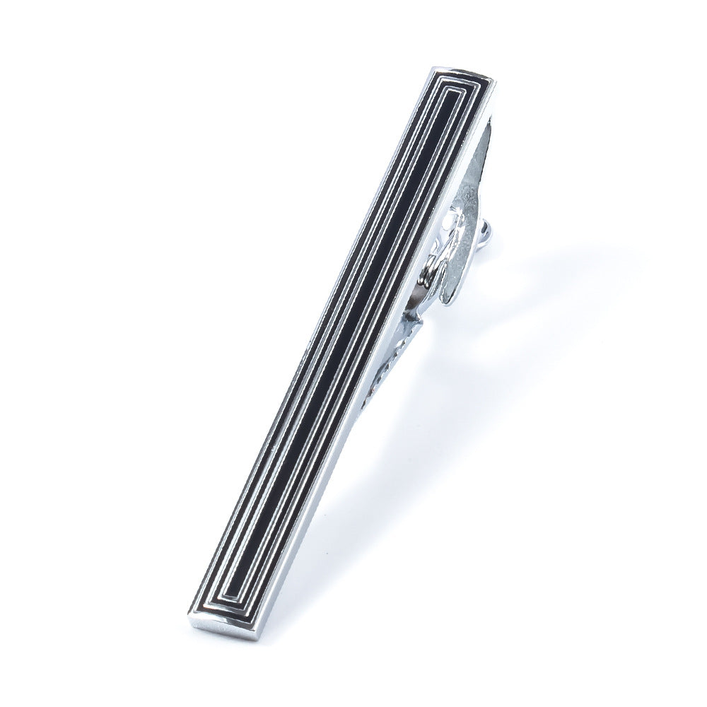 Silver Black Enamel Cufflinks and Tie Bar Set