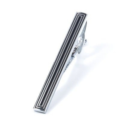 Silver Black Enamel Cufflinks and Tie Bar Set