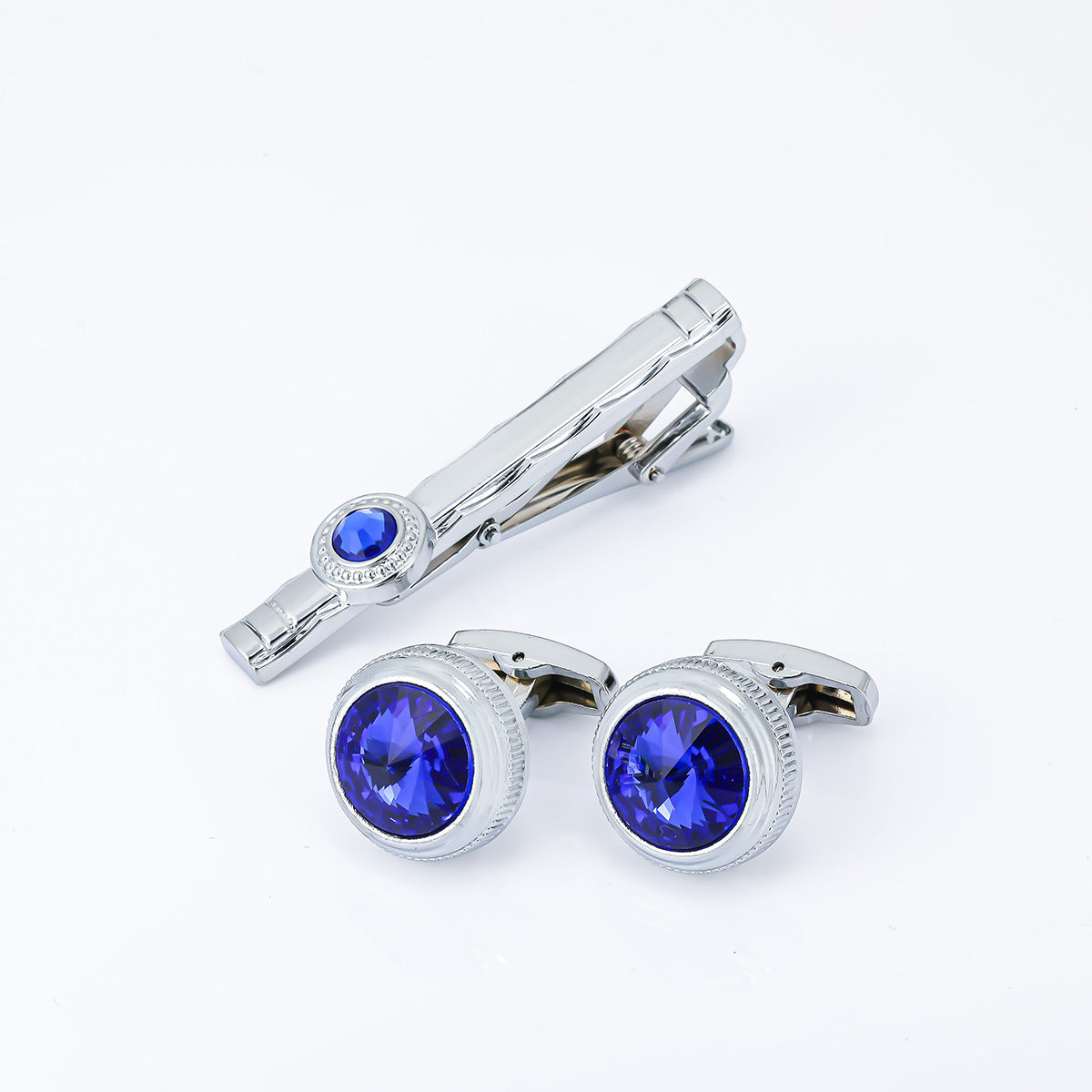 Silver Round  Crystal Cufflinks and Tie Bar Set
