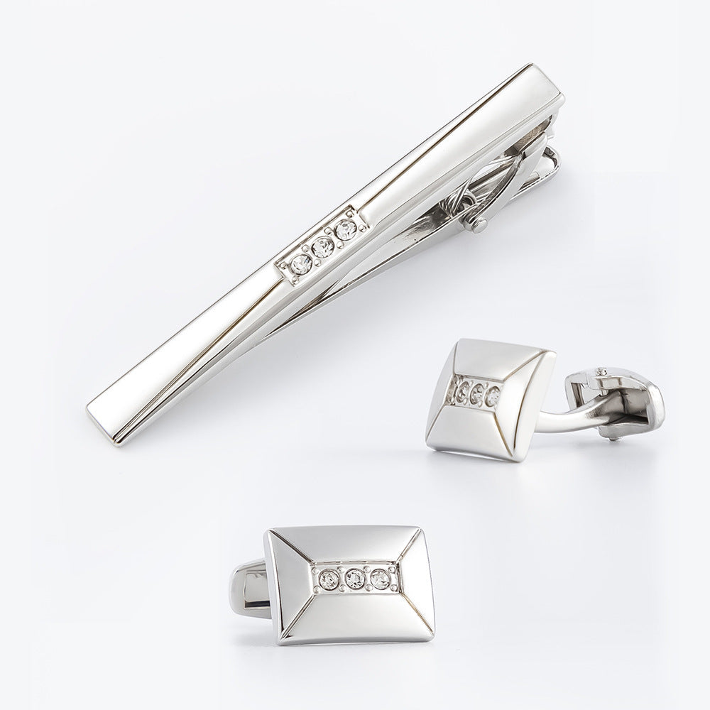 Silver Crystal Cufflinks and Tie Bar Set
