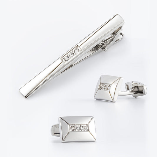 Silver Crystal Cufflinks and Tie Bar Set