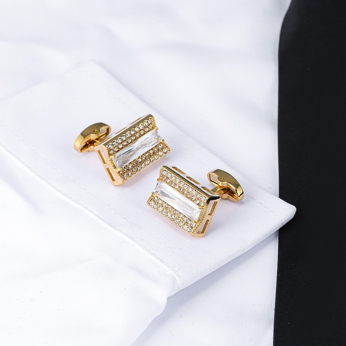 Gold Baguette Crystal Pave Rectangular Cufflinks
