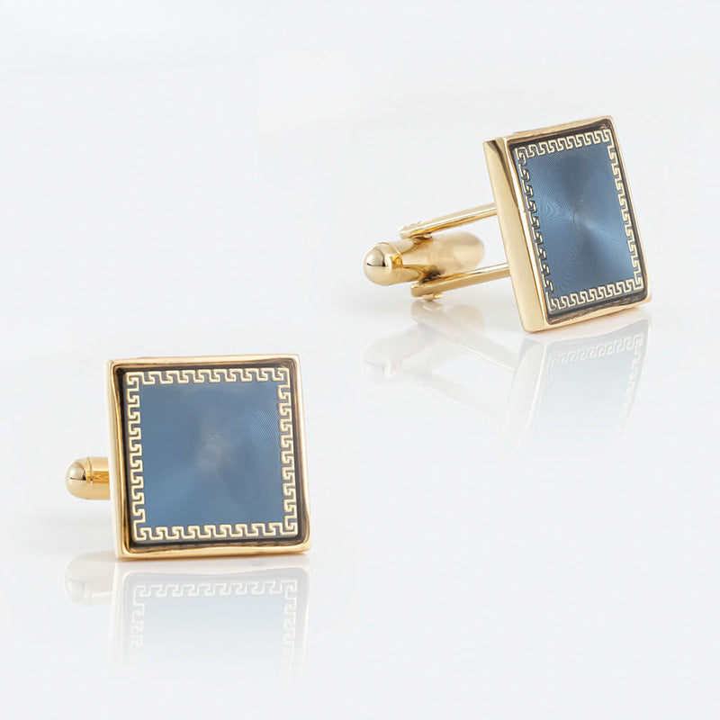 Men Gold Blue Resin Greek Key Square Cufflinks