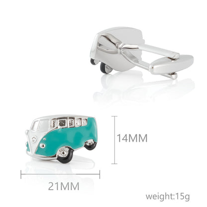 Men Silver Teal Enamel Mini Bus Novelty Cufflinks