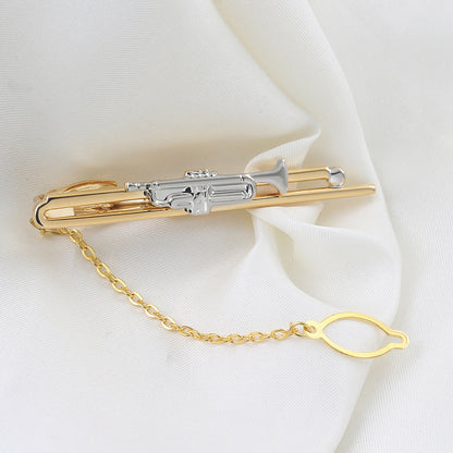 Gold Silver Trumpet Shape Tie Bar with Chain