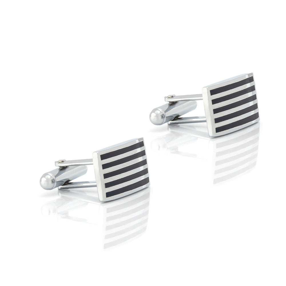 Men Silver Black Stripe Rectangle Cufflink