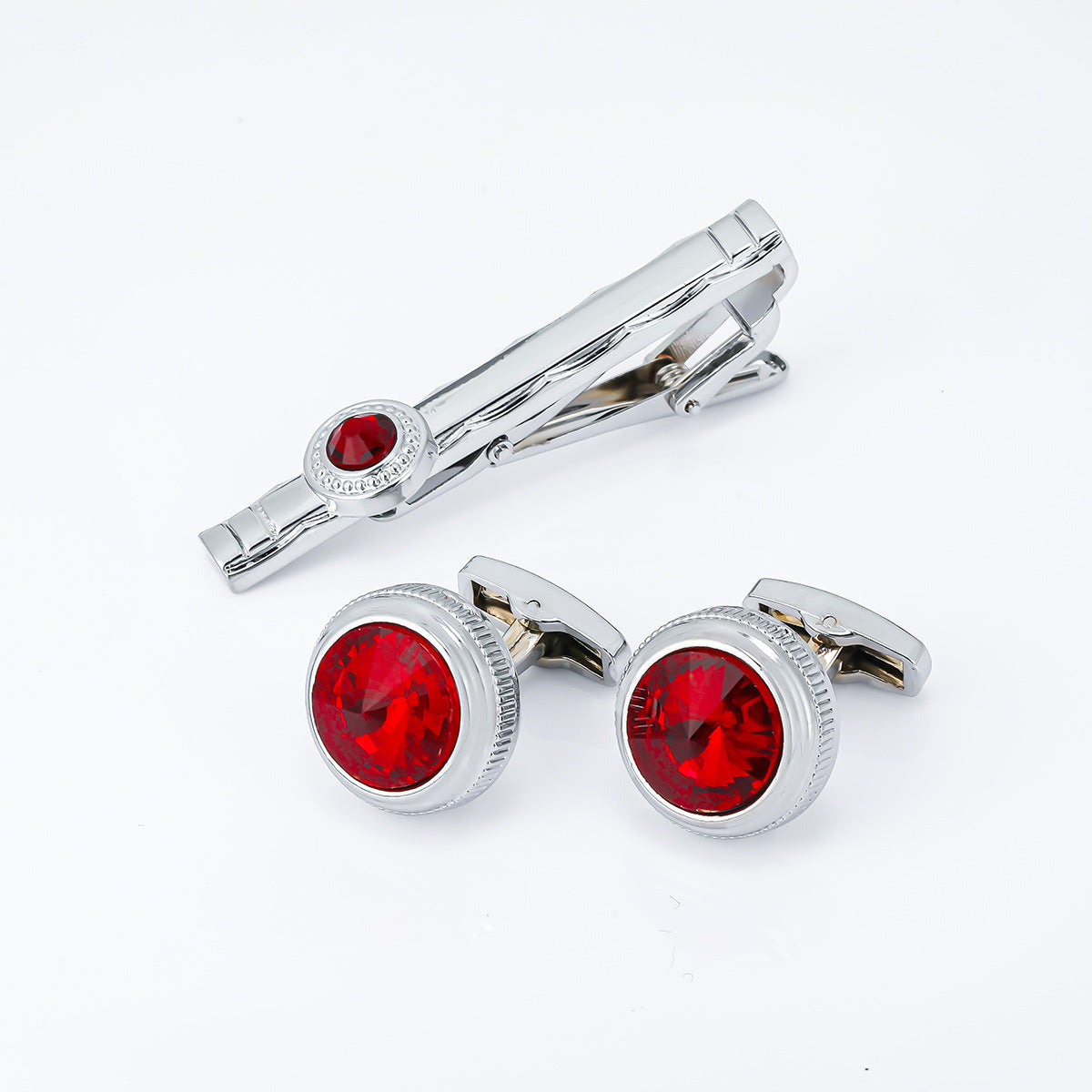 Silver Round  Crystal Cufflinks and Tie Bar Set