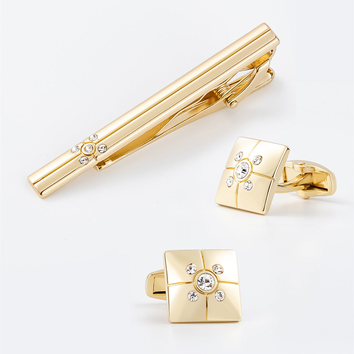 Gold Cross Crystal Square Cufflinks Tie Bar Set