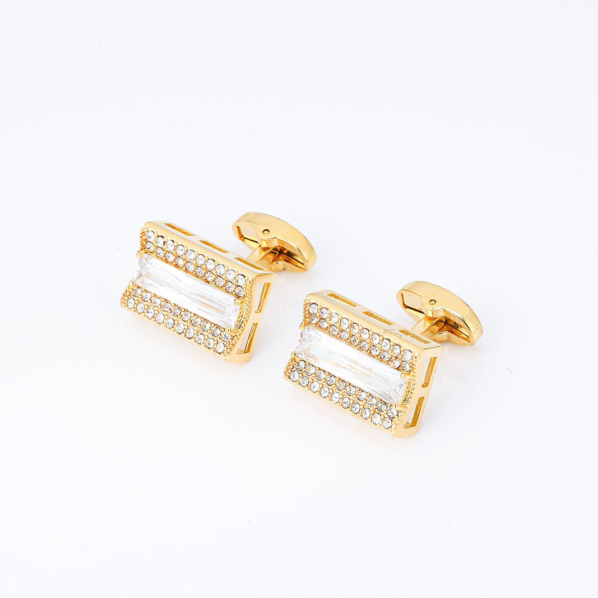 Gold Baguette Crystal Pave Rectangular Cufflinks