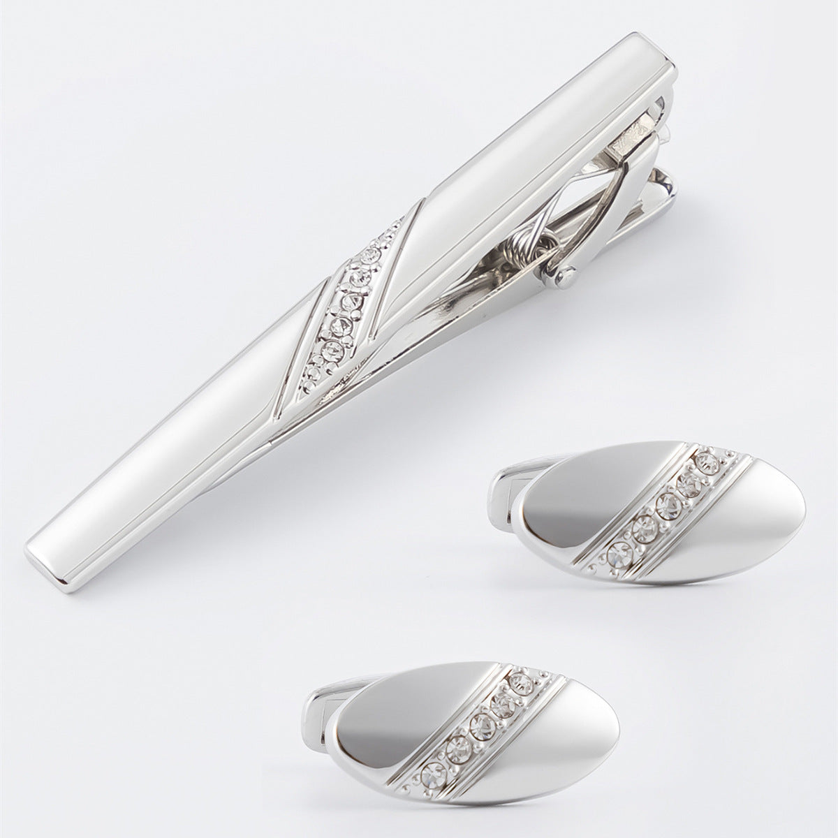 Gold Oval Crystal Row Cufflinks Tie Bar Set