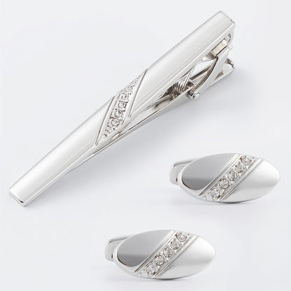 Gold Oval Crystal Row Cufflinks Tie Bar Set