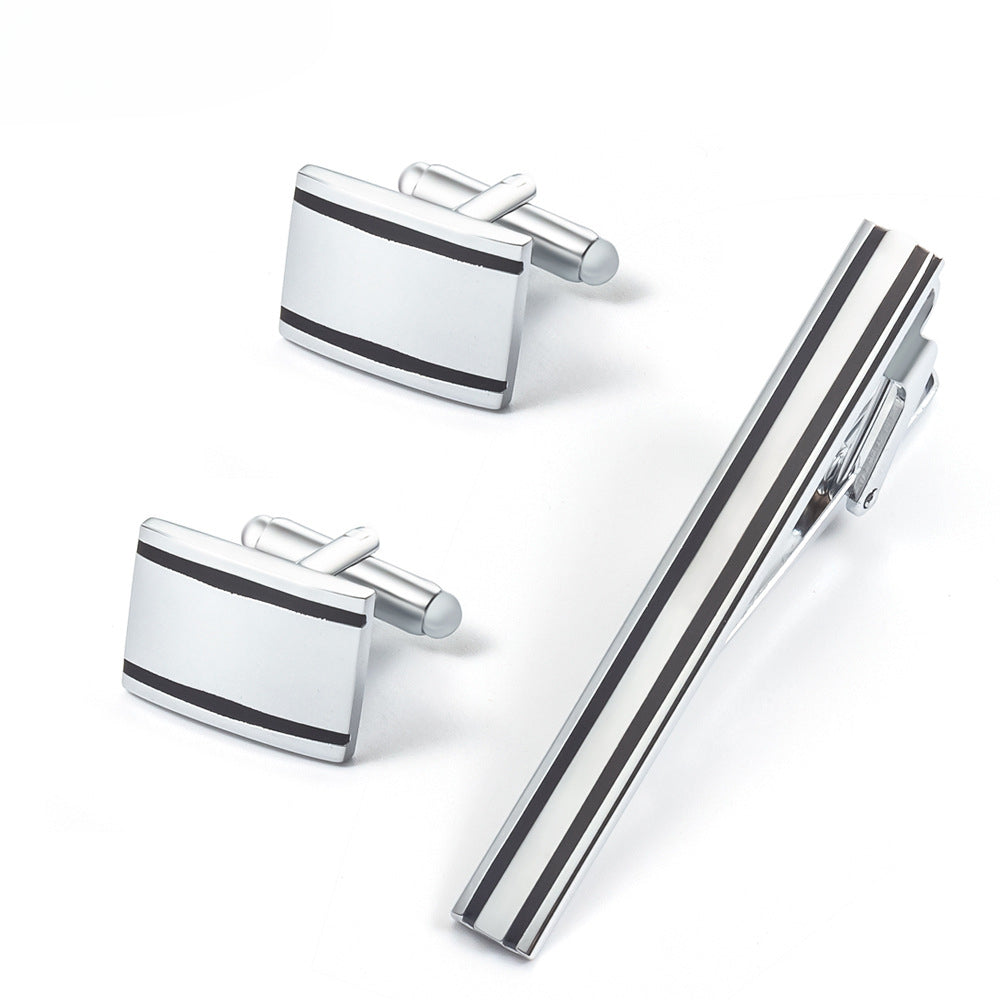 Silver Black Stripe Metal Cufflinks and Tie Bar Set
