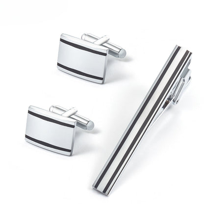Silver Black Stripe Metal Cufflinks and Tie Bar Set
