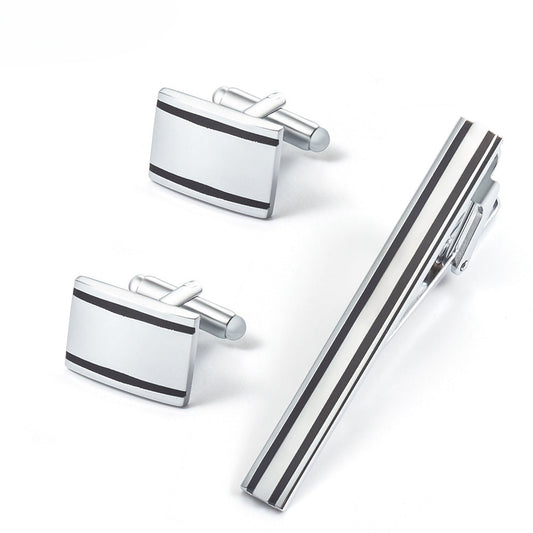 Silver Black Stripe Metal Cufflinks and Tie Bar Set