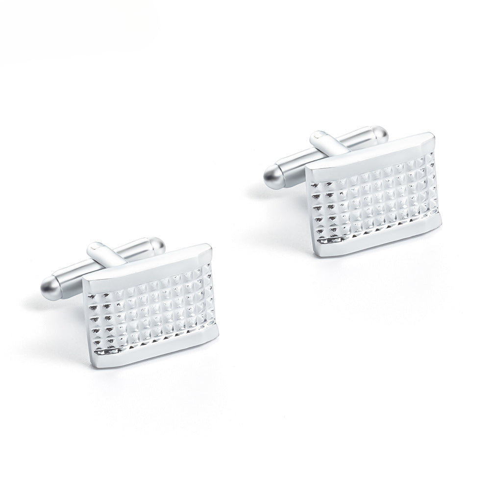 Silver Grid Texture Rectangular Cufflinks Tie Bar Set