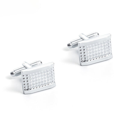 Silver Grid Texture Rectangular Cufflinks Tie Bar Set