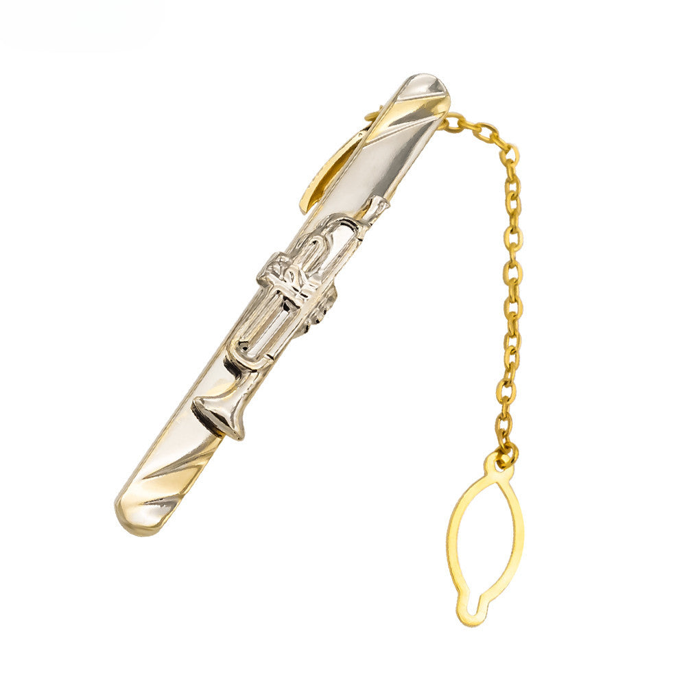 Gold Silver Trumpet Shape Tie Bar with Chain