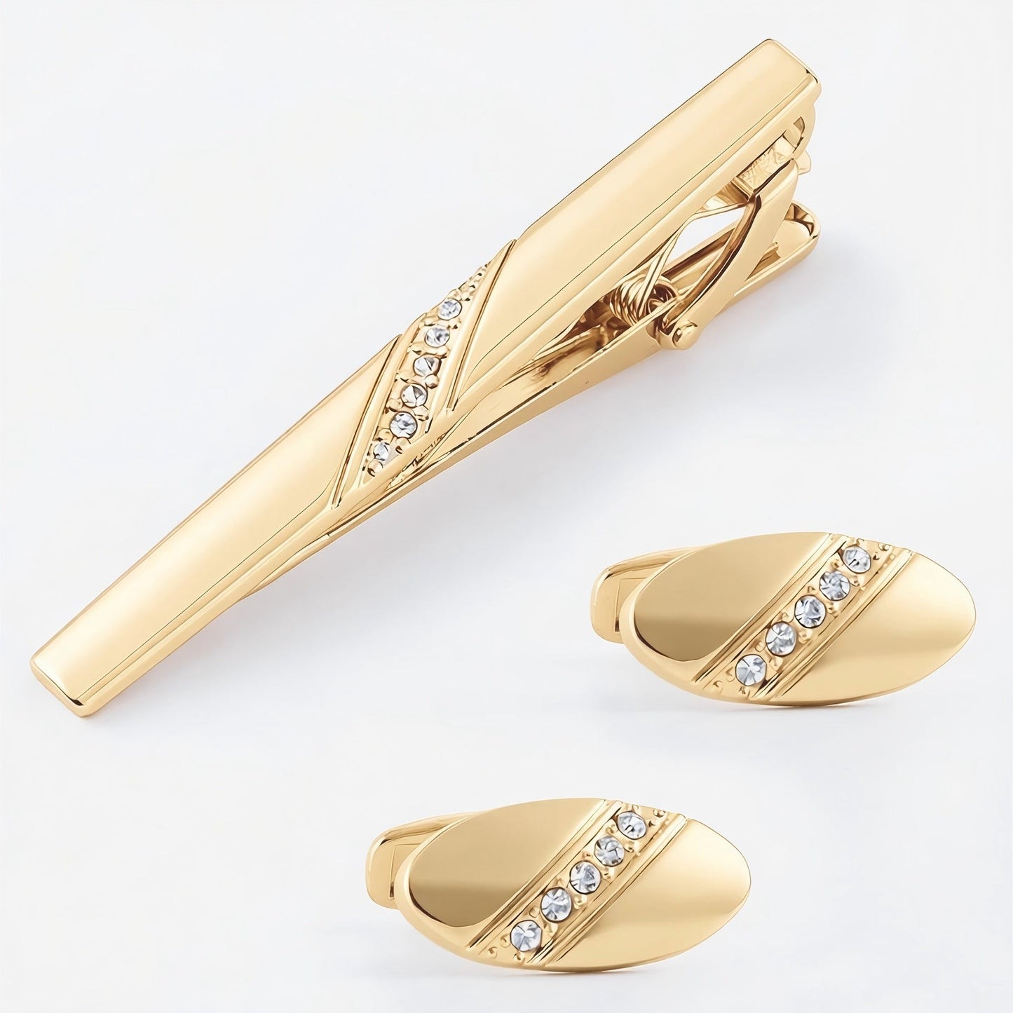 Gold Oval Crystal Row Cufflinks Tie Bar Set