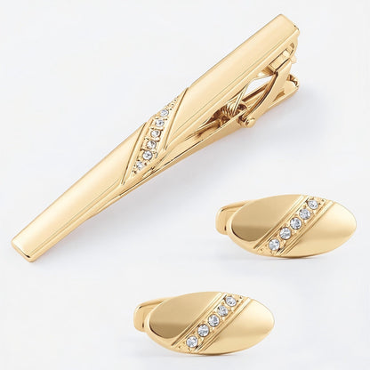 Gold Oval Crystal Row Cufflinks Tie Bar Set