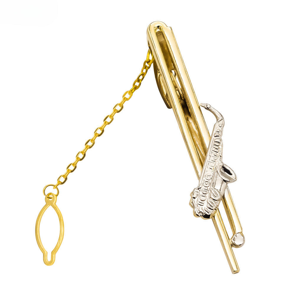 Gold Saxophone Shape Tie Bar with Chain