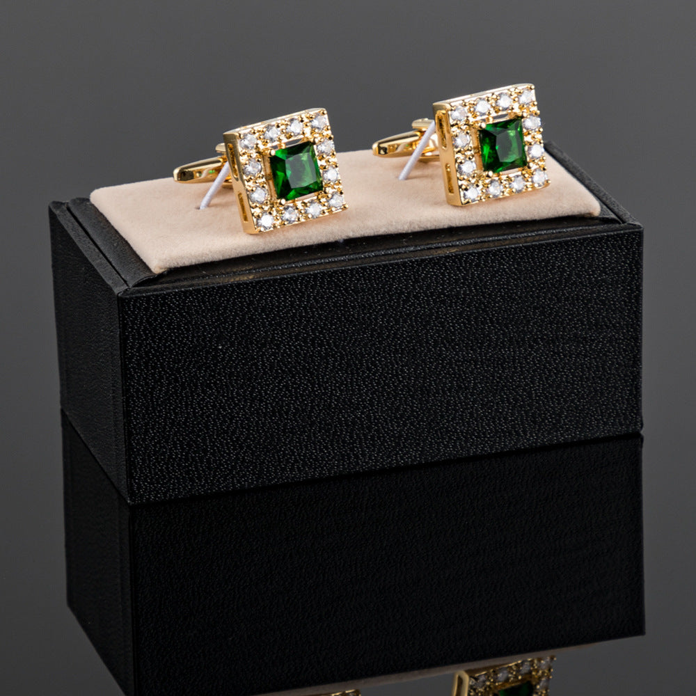 Gold Square Green Crystal Halo Cufflinks