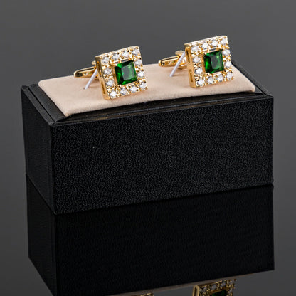Gold Square Green Crystal Halo Cufflinks