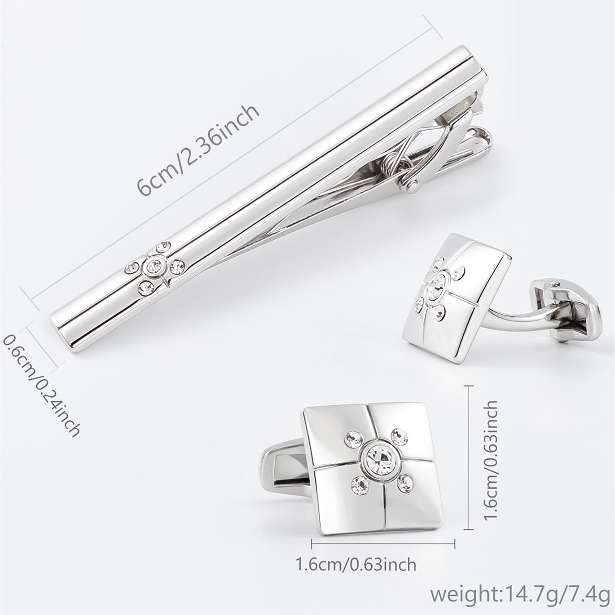 Gold Cross Crystal Square Cufflinks Tie Bar Set