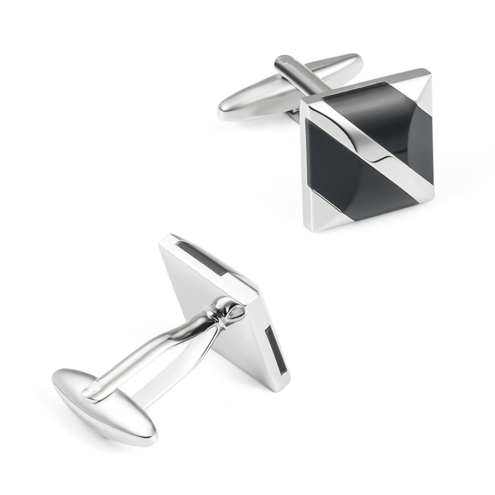 Men Silver Black Enamel Diagonal Square Cufflinks