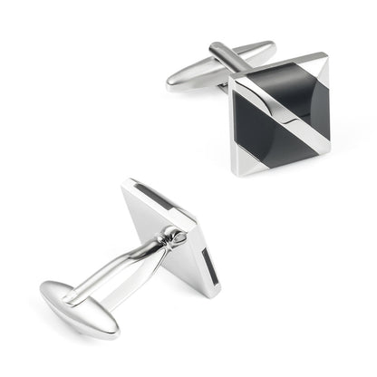 Men Silver Black Enamel Diagonal Square Cufflinks