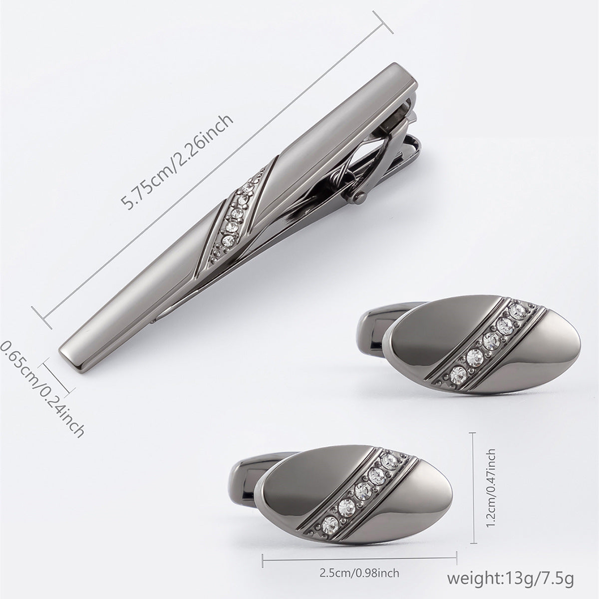 Gold Oval Crystal Row Cufflinks Tie Bar Set