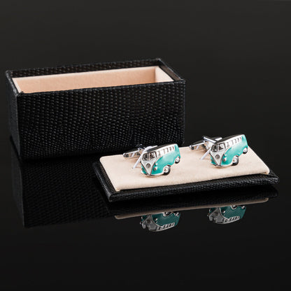 Men Silver Teal Enamel Mini Bus Novelty Cufflinks