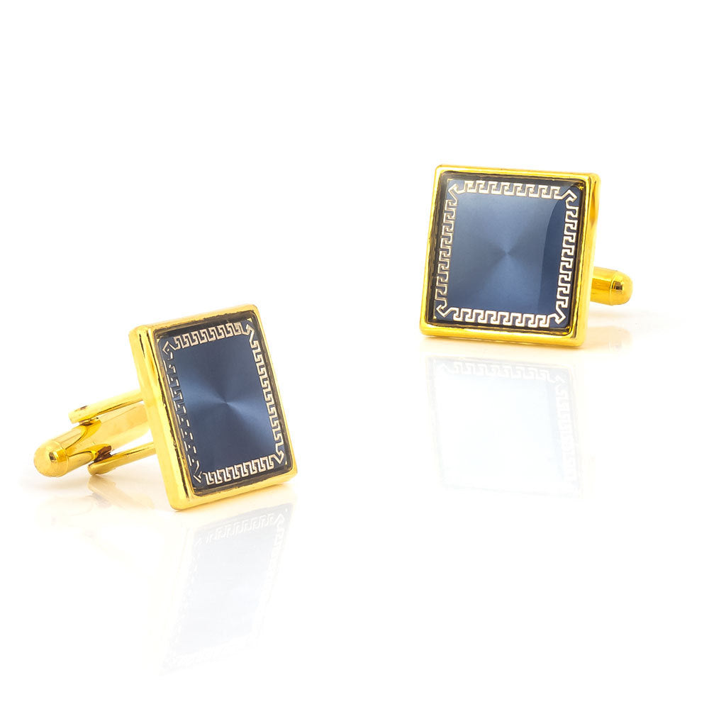 Men Gold Blue Resin Greek Key Square Cufflinks