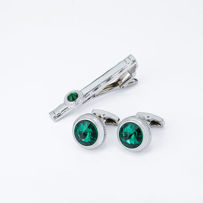 Silver Round  Crystal Cufflinks and Tie Bar Set